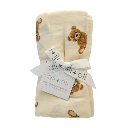 Ali+Oli Bamboo Muslin Swaddle Blanket (Teddy Bear)